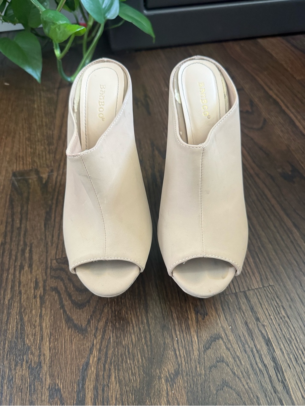 BAMBOO Blush Open-Toe Slip-On Mule Heels